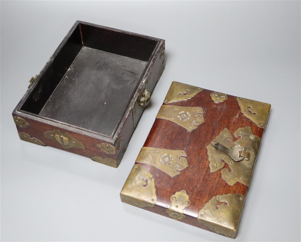 A Chinese padouk frame with inlaid zodiac symbolism, 58 x 48cm and a Chinese brass-mounted box with turtle lock, width 23cm